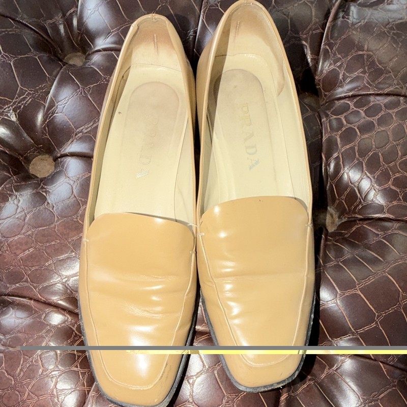PRADA Women’s Beige Leather Square Toe Slip-On Loafer Flats EU 38 US 8 M