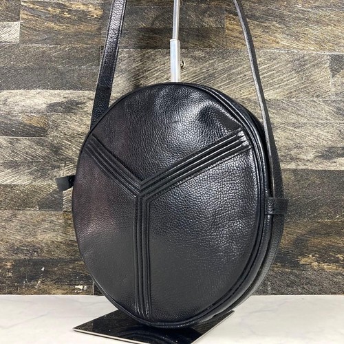 Yves Saint Laurent Round Shoulder Bag Leather Black YSL Pattern Vintage