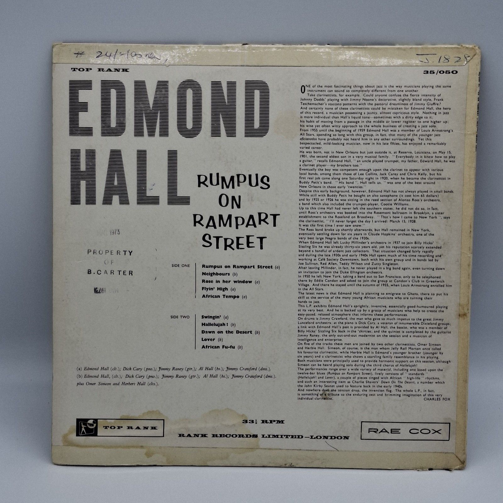 EDMOND HALL Rumpus On Rampart Street LP Vinyl image 2
