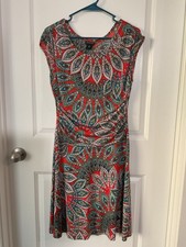 EN FOCUS PETITE Women's Orange Paisley Print Ruched Sheath Dress 10P Midi Work M