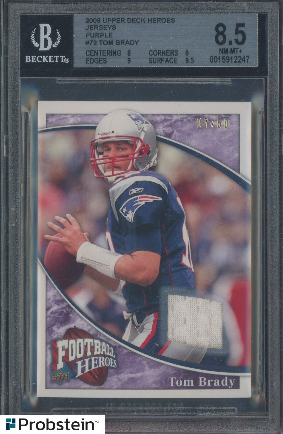 2009 Upper Deck Legends Purple #72 Tom Brady Patriots GU Jersey 7/50 BGS 8.5