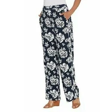 Dennis Brasso Caviar Crepe Printed Wide Leg Pull-On Pants Navy White