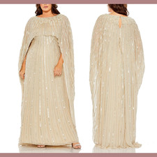 NWT Mac Duggal [ 16W ] 93993 Beaded Embellished Column Cape Gown Champagne S1070