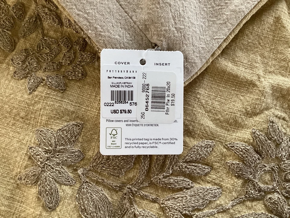 Pottery Barn Gillian Embroidered Pillow Cover  20" straw yellow neutral BOHO NEW - Image 3 of 4