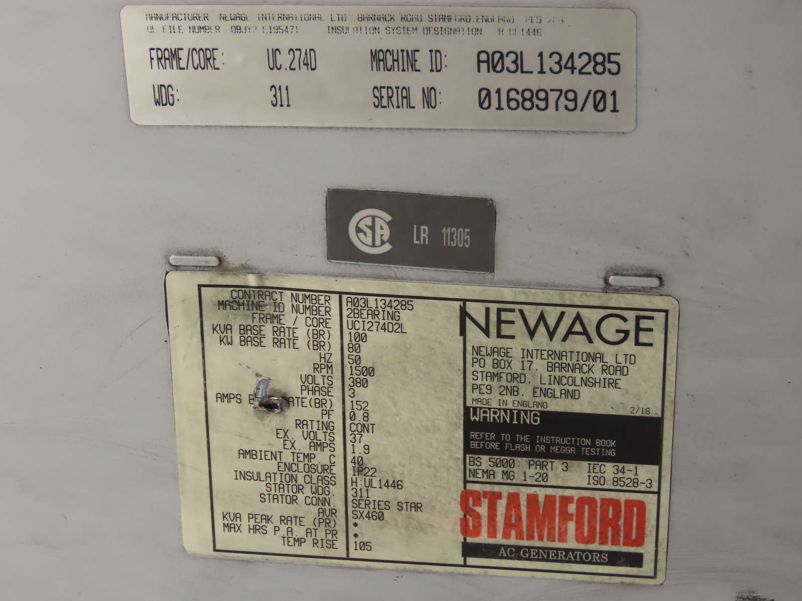 Stamford Newage A03l134285 BS5000 AC Generator 80KW 3PH 380V 50HZ