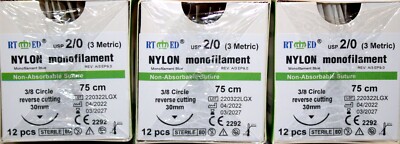 Nylon Mono Suture Size 2-0.  75 cm  3/8 Circle cutting  24mm  Human/Vet  3 doz.