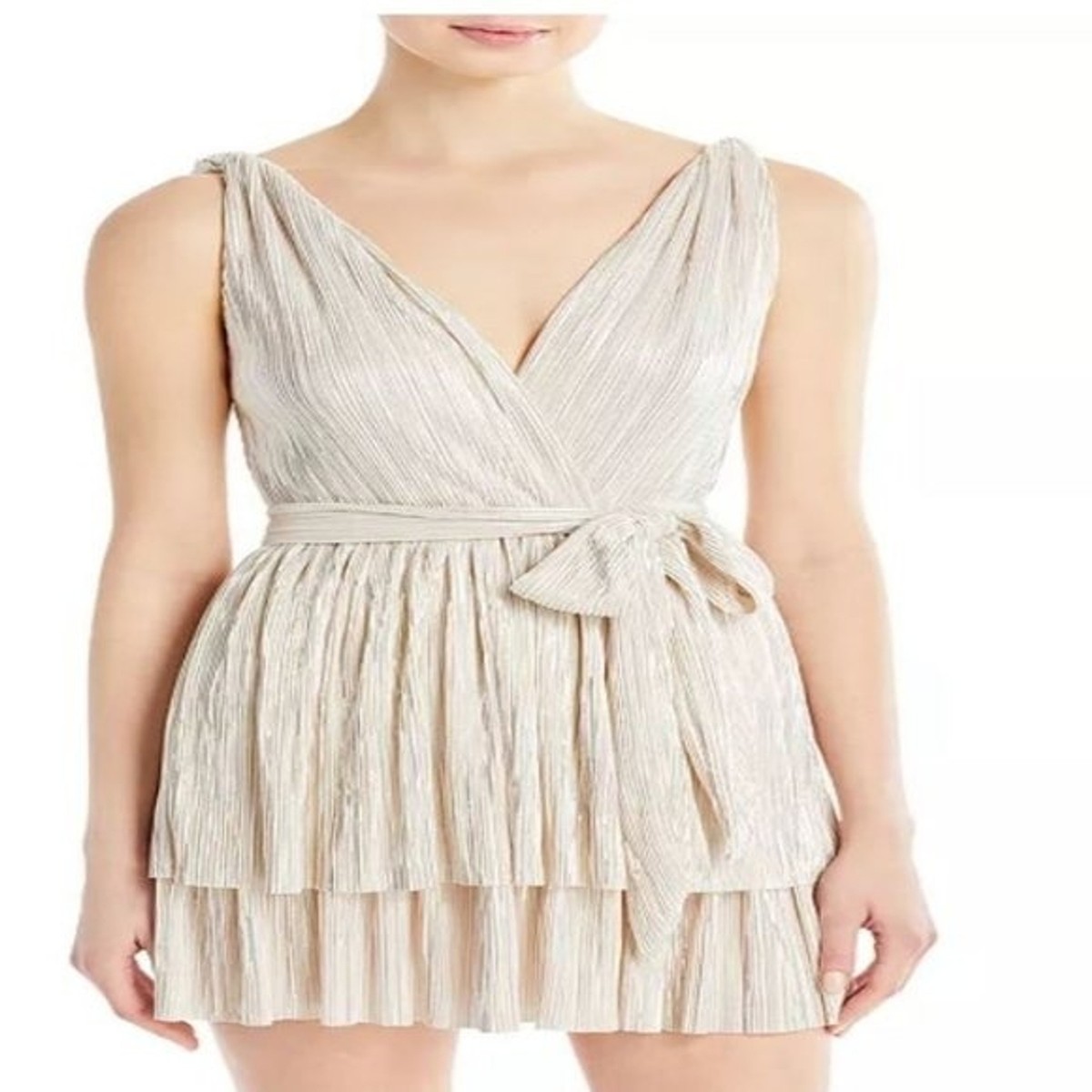 Sabina Musayev Alma Plisse Mini Wrap Dress Champagne Shimmer Party Pleated  Sz M