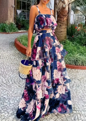 Boho-Chic Zweiteiler mit Blumenmuster für Damen - Ärmelloses Crop-Top & Maxirock