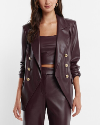 NEW EXPRESS $198 BURGUNDY FAUX LEATHER DOUBLE BREASTED NOVELTY BUTTON BLAZER XS