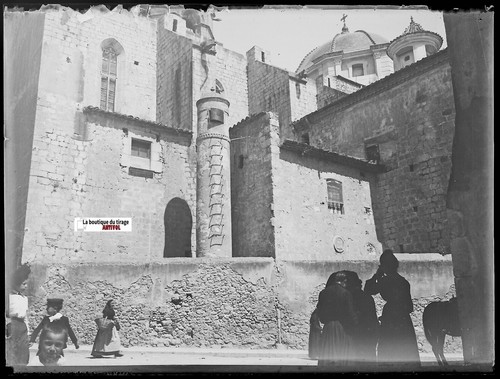 Église Mordelles, Plaque verre photo ancienne, négatif noir & blanc