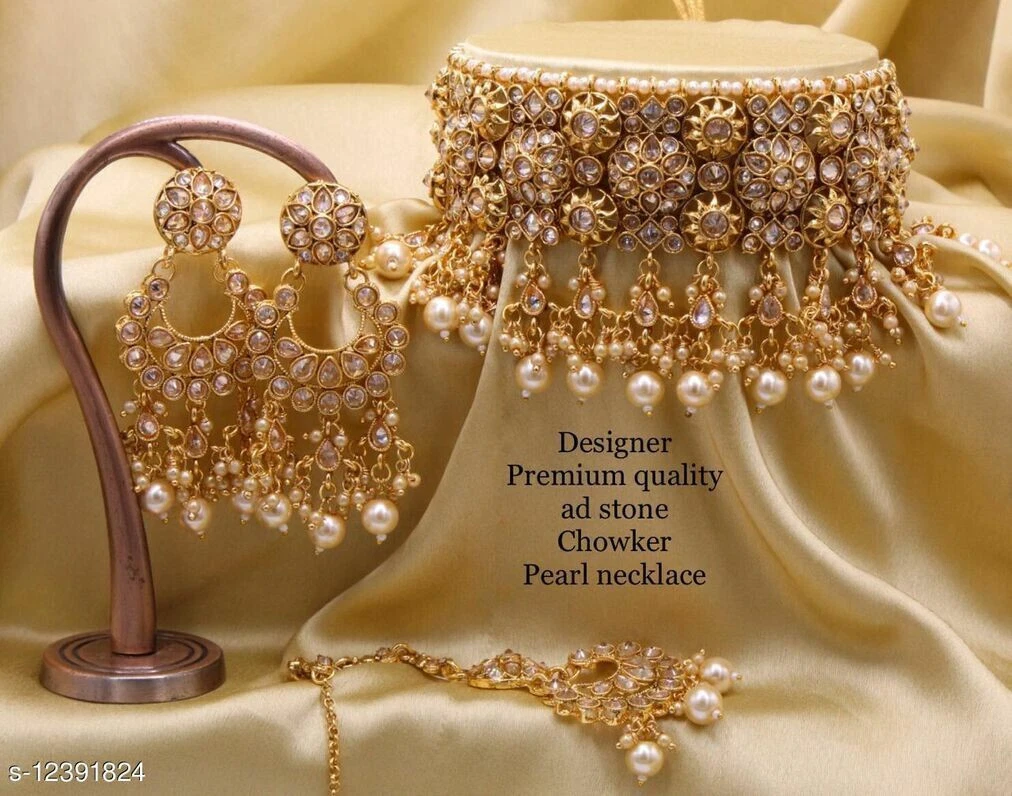 Brass Golden Fusion Arts Pearl Beaded Kundan Choker Necklace Set, Plastic  Pouch at Rs 655/set in Mumbai