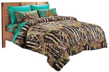7 pc BLACK CAMO FULL SIZE MIXED COLORS COMFORTER TEAL SHEETS AND PILLOW CASES