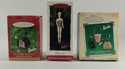 2000s Hallmark BARBIE ORNAMENTS LOT Adding the Right Touch Debut Hatbox NRFB NEW