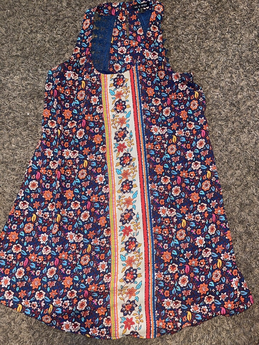 As U Wish Womens Dress S Blue Multicolor Floral Sleeveless Lace Back
