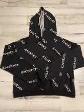 BEBE LIGHTWEIGHT SWEATSHIRT BLACK WHITE LOGO LARGE HOODIE HOODED