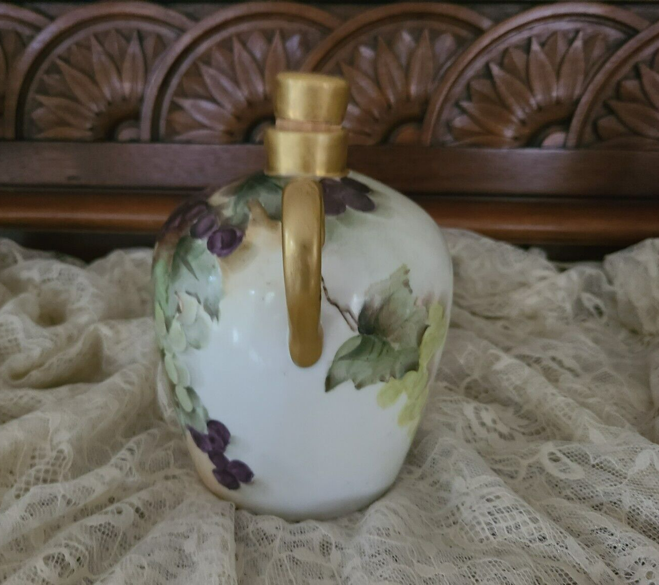 Antique Wine Decanter & Cups PH Leonard, Porcelain Hand Painted Grapes