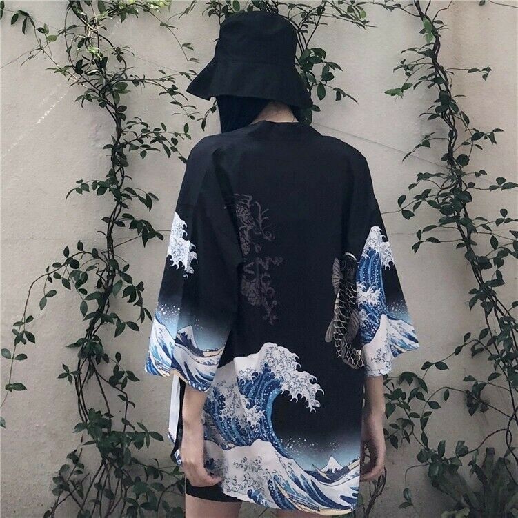 ジャケット・アウター Yacco Maricard Hokusai Kimono Gauze Coat Women Japanese Wave Coat Kimono Cardigan Yukata Hokusai Kanagawa