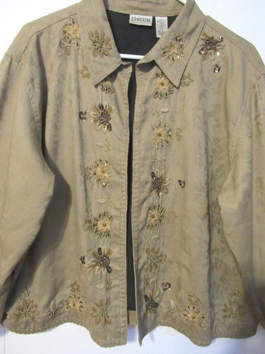 Chico's Womens 3 L/XL Open Front Jacket Tan Beaded Floral Embroidery Long Sleeve - Picture 4 of 5