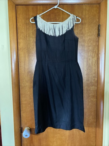 Vintage 1950s 60s fringe wiggle dress party dress black and Cream VLV VOLUP VTG