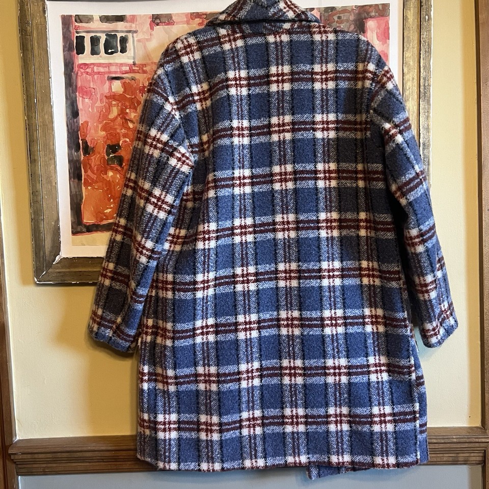 Lucky Brand Womens Medium Blue Red White Plaid Winter Coat Buttons