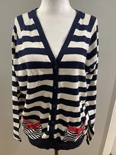 Susan Bristol Cardigan Sweater, Blue White Striped XL