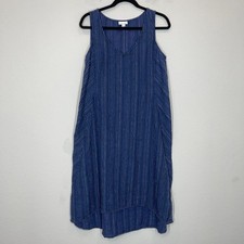 J Jill Love Linen Dress Women's M Navy Blue Sleeveless Boho Midi Beach Hi Low