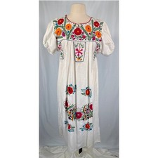 Vintage Mexican Huipil Floral Embroidered Dress White Cotton Midi Puff Sleeve