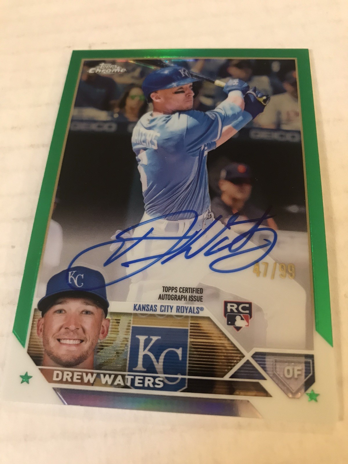2023 Topps Chrome Drew Waters #RA-DW Rookie Green Refractor Auto Ser.#/99 Royals