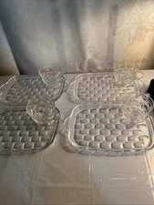 4 Sets Vintage Federal Glass Yorktown Thumbprint Snack Plate And Cup