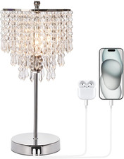 Touch Control Crystal Table Lamp with USB C A Charging Ports, 3-Way Dimmable Bed