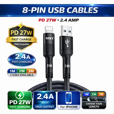 USB Cable 8-Pin For iPhone Braided USB A to 8 Pin Type C Cable Fast Charger Lead - Image 1 of 4