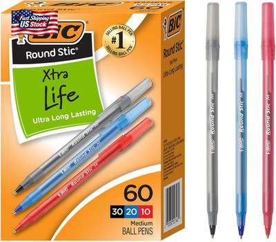 BIC round Stic Xtra Life Assorted Ink Ballpoint Pens, Medium Point (1.0Mm), 60-C