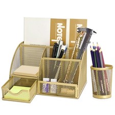 Desk Caddy Organizer Set Rose Gold - Metal Mesh Desktop Caddy w/ Pencil Holder