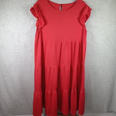 Red Tiered Babydoll Dress Ruffle Cap Sleeve Cotton Blend Medium