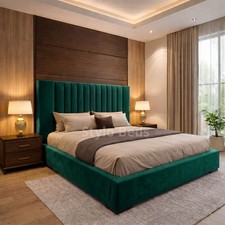 Image of Luxury Modern Bed Frame Upholstered Velvet High Headboard Panel Bed 3ft - 6ft