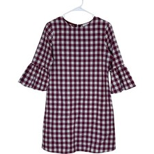 Ces Femme Shift Dress Womens Medium Burgundy Gingham Plaid Bell Sleeve Ruffle