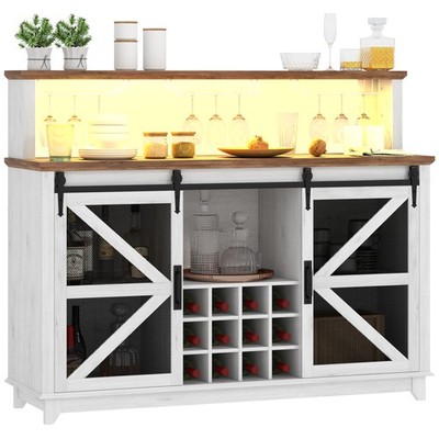 55'' Coffee Bar Cabinet with Lights, Wine and Glass Racks for Kitchen Dining Room