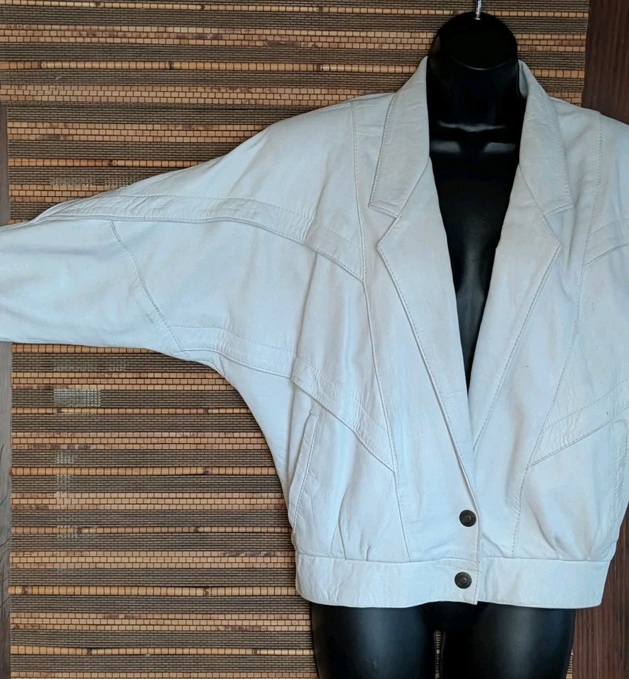 Chaqueta Bomber Vintage Años 80 Para Mujer M Blanco Marfil Cuero Rocker Mangas Dolman Foto 3 de 4