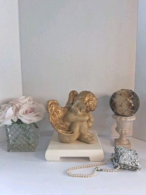 Vtg; Gold Sleeping Cherub; Gold Gilded & Painted; 7''; ''Old World'' Look;EUC/Mint