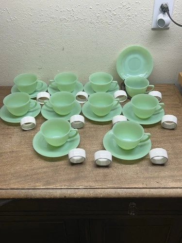 Lot of 10 MCM Fire King Jadeite Jane Ray Cup & Saucers ~ w/ 11 Napkin Rings