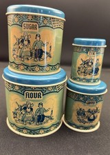 Rare 1948 Child's Wolverine Delft Tin Canister Set Tea Coffee Flour Sugar