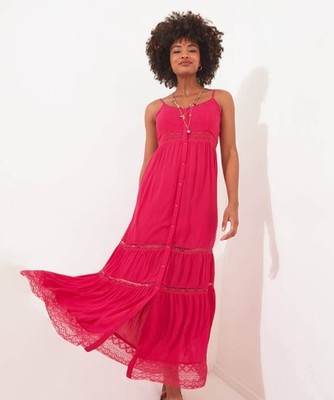Joe Browns Olivia MidiMaxi Sundress Size 12 Pink Button Front Lace Detailing 
