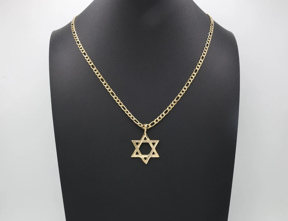 Collar Estrella de David Oro, Colgante Estrella Judía, Chapado en Oro 14k, 4mm Figaro Foto 3 de 4