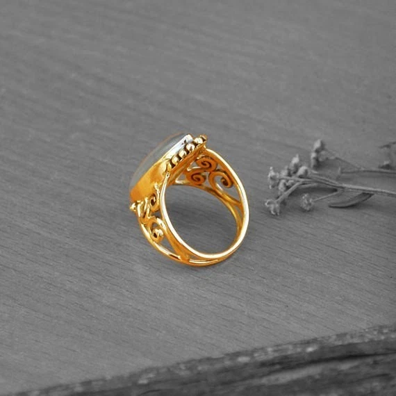 Anello Pietra di Luna Arcobaleno Oro 18K Gemma Gioielli Regalo la sua... - Immagine 3 di 4
