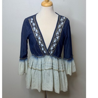 Buby's Boho Denim Peasant Top Sz S Bell Sleeve Boho Festival Western