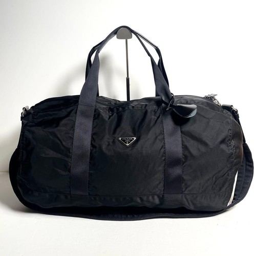 PRADA Black Nylon 2 Way Duffle Bag Triangle Logo Lock Key Shoulder Auth
