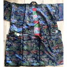 VNTG Silk Brocade Kimono Robe Sz XL - Scenic Pagoda Landscape - w/ Belt NWT