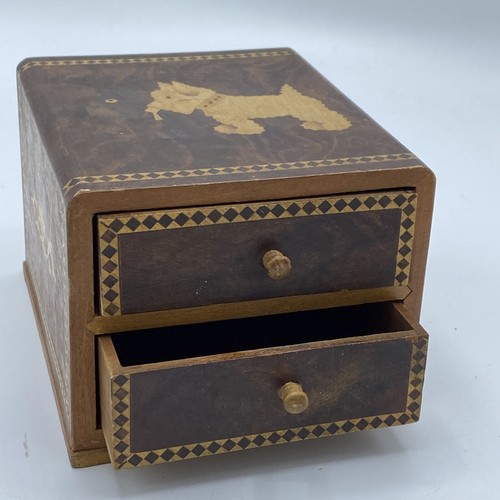 Vintage Wood Box w Drawers Scottie Dog Inlaid Design Jewelry Trinket Distress - Picture 1 of 11