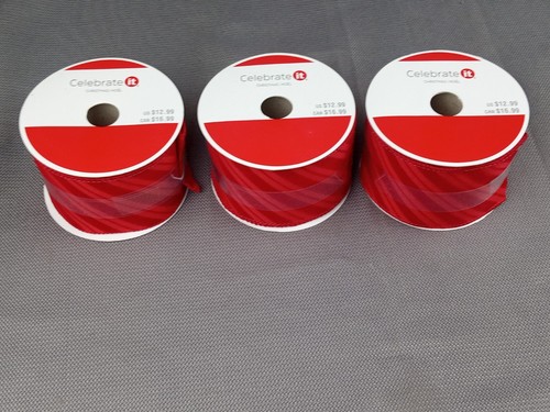 Red Ribbon Spool Celebrate It Wired Roll Christmas Crafting 2.5” X 20ft Lot Of 3 - Picture 3 of 7