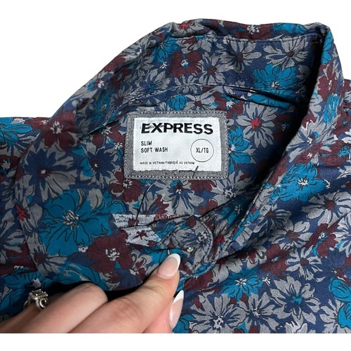 Express Dress Shirt Mens XL 17 Blue Red Floral Slim Fit Button Up NEW Tropical - Picture 4 of 7